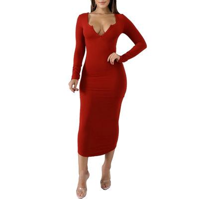 China Breathable Causal Tight V-Neck Sheath Solid Color Women's Long Sleeve Bodycon Dress Slim Midi Dress Women's Clothing for sale