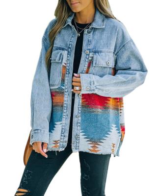 China 2022 Autumn Women Splicing Jacket Loose Anti-wrinkle Turn-Down Collar Winter Elegant Women Long Splicing Print Denim Jacket for sale