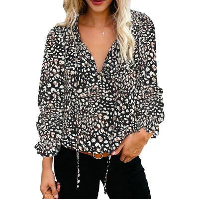 China New Arrival 7 Color Dropship Anti-wrinkle Women's Hot Selling Choices Women's Long Loose Floral Print New Arrival 7 Lantern Sleeve Fashion V-Neck Blouses And Tops for sale