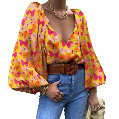 China 2021 New Fashionable Butterfly Style Anti-Shrink Shirt Retro Mid Length V-Neck Women's Long Sheath Blouse Sweater for sale