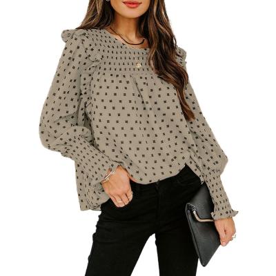 China 2021 Fashion Ruffle Lantern Wave Dot Tube T-shirt Long Sleeve Printing Straight Women's Digital Chiffon Shirt for sale