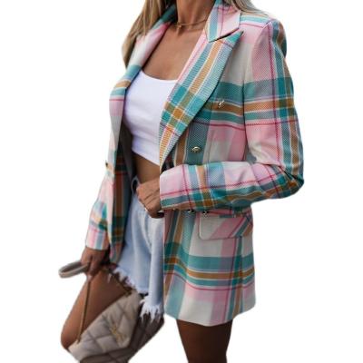 China clothing maker Anti-wrinkle Shawl Collar Long Sheath Button Front Tartan Tweed Women Blazer For Autumn Long Sleeve Lapel Button for sale