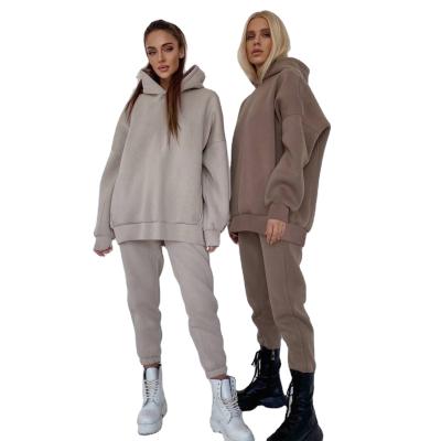 China Lady Solid Color Loose Breathable Two Piece Hoodies Sweatsuit Set Custom Logo Women Hoodies Jogger Sweatsuit Set for sale