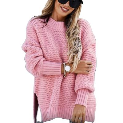 China Anti-pilling solid women elegant ribbed knit sweater fashion O neck lantern long full sleeve sweater ladies winter casual loose split pullover for sale