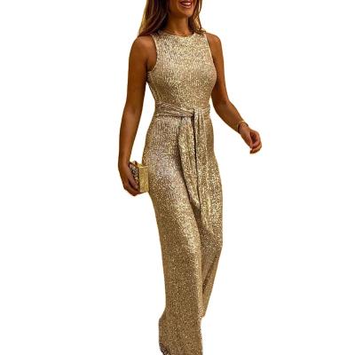 China 2021 New Fashion Hot Selling Sequined Style Backless Sleeveless Solid QUICK DRY With Belt Women Overalls for sale