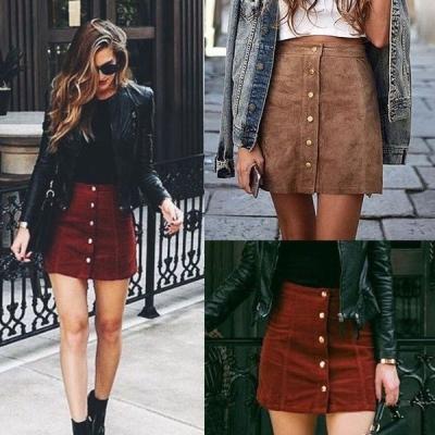 China Adults High Waist Suede Leather Mini Skirt with Lace up and Pockets Preppy Style for sale