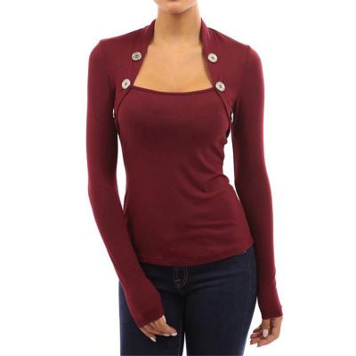 China Women Long Sleeve Undershirt with Buttons Cotton Pure Color T Shirt for sale