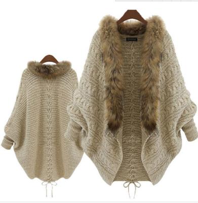 China Women Loose Knitted Winter Batwing Fur Collar Cardigan Sweater for sale