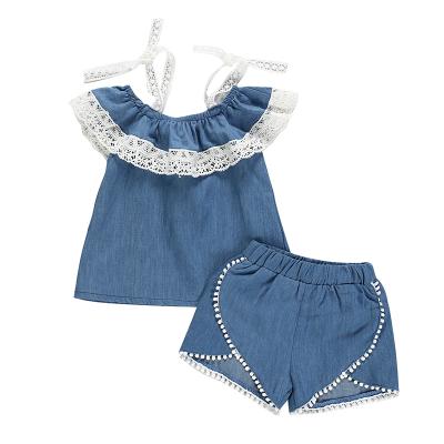 China European and American Style Baby Clothes Girls Clothing Set 1-6 Years Lotus Leaf Collar Lace Denim Shirt Shorts + Denim Two Piece Set for sale