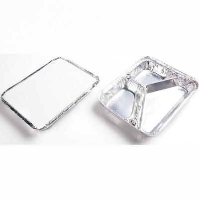 China TIA high heat resistant rectangle 600ML silver aluminium foil container 3 compartments outside catering lunch take out food box for sale