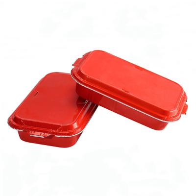 China Lightweight food grade red color disposable aluminum foil meal tray takeaway food packing pan 1000ml airline catering food box for sale