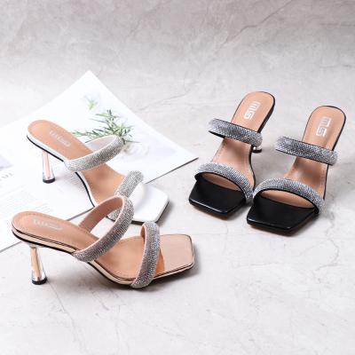 China New Fashion Trend Summer Designs Stylish Trendy Ladies Leather Square Sexy Pumps High Heel Shoes Two Strap Rhinestone Heeled Sandals For Women for sale