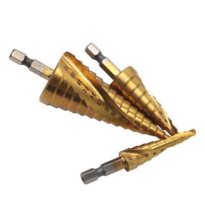 China 4-12mm 4-20mm 4-32mm HSS Spiral Flute Titanium Coated Metal Hole Cutter Step Drill Bits Metal Hole Cutter Taper Drilling Machine Tools Set for sale