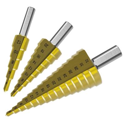 China Drilling 4-12mm 4-20mm 4-32mm HSS Steel Wood Step Cone Cut Tools Titanium Metal Hole Cutter Pagoda Coated Wood Step Drill Bits for sale