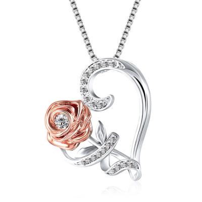 China FASHIONABLE Valentine's Day Romantic Jewelry Crystal Heart Rose Flower Women Pendant Necklace For Gift for sale