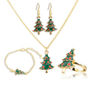 China Four Christmas Fashion Earring Necklace Set Ring Christmas Tree Shape Christmas Bracelet Ornaments Pendant Jewelry Sets for sale