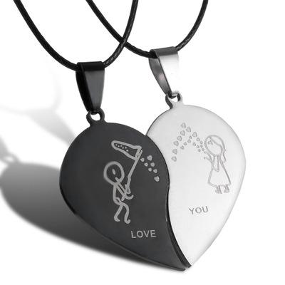 China CLASSIC Necklaces Couples Jewelry Broken Heart Black Couples Necklace Stainless Steel Engrave Love You Pendants Valentine's Day for sale