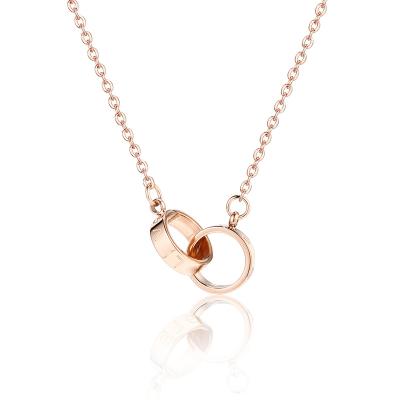 China Trendy Quality 14K Rose Gold Plated Double Circles Love Stainless Steel Pendant Necklace for sale