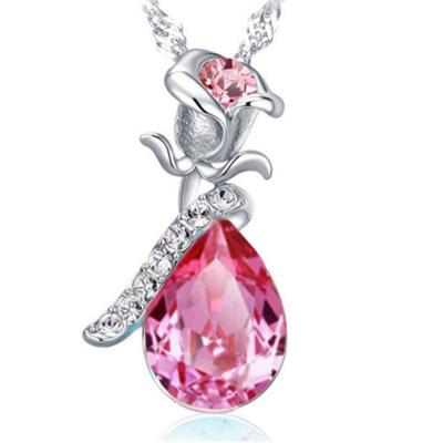 China Newest CLASSIC European and American Trend Woman Necklace Rose Flower Angel Tears Crystal Pendant Necklace for sale