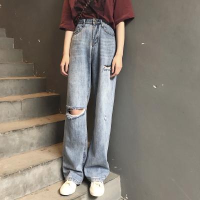 China New Arrival QUICK DRY Women Jeans Summer Skinny High Waist Loose Knee Ripped Wide Leg Pants Women for sale