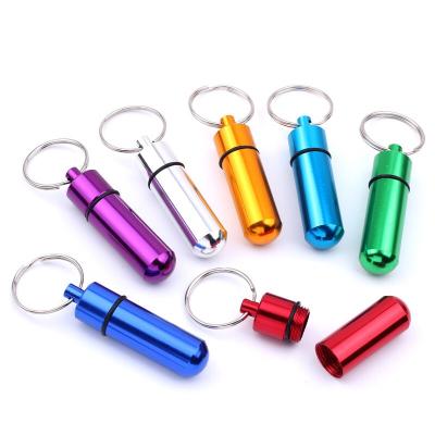 China Promotion gift 14*50 mm logo printing pill box case bottle holder waterproof aluminum container with key chain for sale