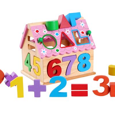 China Early Education Children's Wisdom Wooden House Number Shape Addition and Subtraction Enlightenment Pairing Cognitive Color Building Block Toys for sale