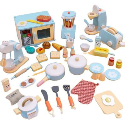 China Wooden Oven Coffee Machine Blender Juicer Play House Kitchen Set Bread Machine Early Education Children's Simulation Microwave for sale