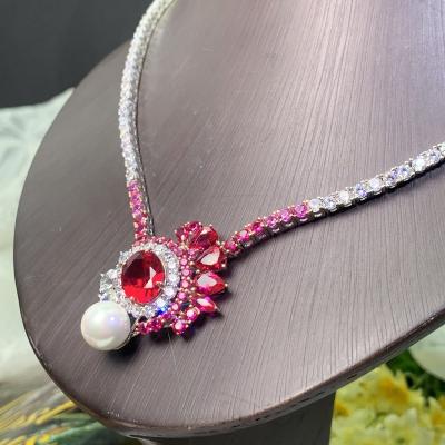 China Eco-Friendly Jewelry S925 Sterling Red Red Lab Grown Diamonds Necklace Pearl Necklace Flower Necklace for sale