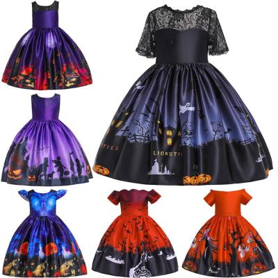 China Cosplay Girls Halloween Costumes Kids Fancy Party Dress Up Ghost Pumpkin Bat Castle Digital Printing Dress and Witch Hat for sale