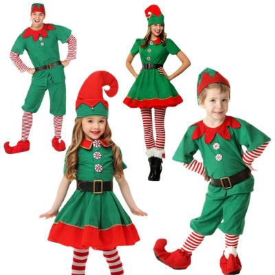 China Amazon Cosplay Hot Sale Green Christmas Elf Dress Set Xmas Santa Elf Cosplay Costume Adults And Children Christmas Costume for sale