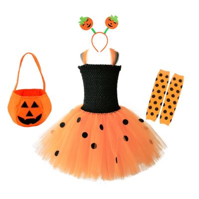 China Kids Girls Orange Pumpkin Polyester Mesh Dress Halloween Cosplay Costume Sleeveless With Pumpkin Wraps Headband Set for sale