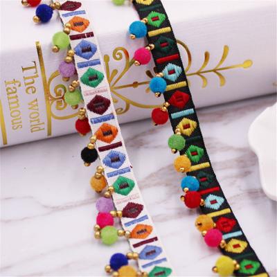 China Boho Sewing Accessories Pom Pom Ribbon Lace Embroidery Tassel Pompom Beads Trim Multicolor Ethnic Water Soluble Fringe Lace Trim for sale