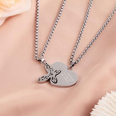 China FASHIONABLE Hot Sale Stainless Steel Couples Necklace Love Engraved Forever Puzzle Butterfly Heart Necklace for sale