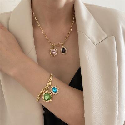 China HOT Selling Jewelry TRENDY Necklaces For WOMEN Shape Big Stone Charm Cuban Link Chain Women Necklace Bracelet Jewelry Set for sale