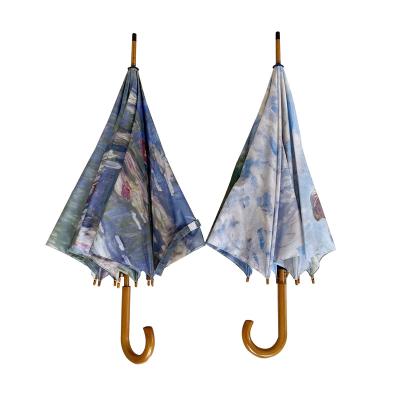 China Minimalist Stick Umbrella Prints Automatic Smart Open Narrow Wooden Handle Long Straight Crutch Oscar-Claude Monet Compact Customized for sale