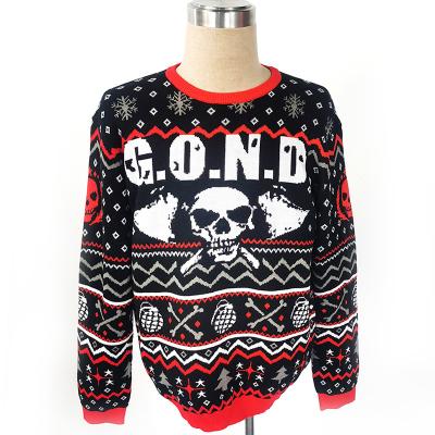 China KQ-1160 New design Anti-wrinkle men's ugly skull jacquard knitted sweaters custom winter pullover Christmas loose sweater wholesale for sale