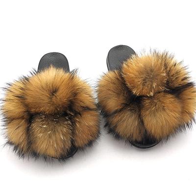 China Fashion Trend Fur Slides Slippers Women Fluffy Furry Slippers Bedroom Shoes Fox Home Slippers Woman Real Fur Slides for sale