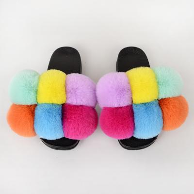 China Fashion Trend Summer Fur Slippers Women Furry Slides Fluffy Slippers House Shoes Woman Real Fur Slides for sale