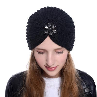 China Lady Hot COMMON Boho Hat Solid Color Acrylic Knitted High Quality Winter Warm Hats With Diamond Decorate Beanie Hat for sale