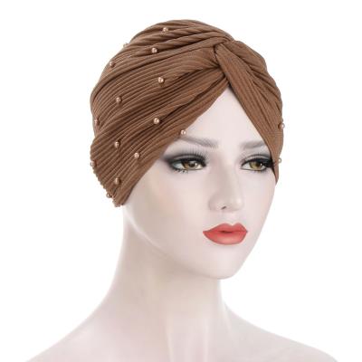 China Fashion Newest Solid Pleats Bead Muslim Turban Women Islamic Inner Hijab Covers Arab Head Wrap Female Pleat Turban Hat for sale