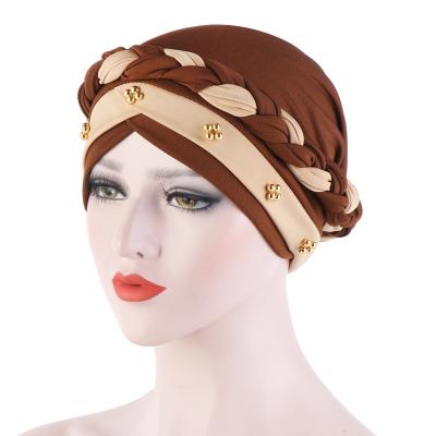 China Wholesale New Fashion Design Women Hijab Hat Solid Color Muslim Hats With Braid Elastic Knot Pearl Soft Sleep Turban for sale