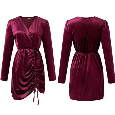 China New Arrivals Summer New Arrivals Long Sleeve V-Neck Drawstring Hip Wrap Anti-Static Sexy Spring Velvet Elegant Bodycon Suit Dresses Women for sale