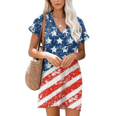 China Breathable Women's Breathable Loose American Flag Tank Dress Summer V-Neck Tunic Short Tunic Dress With Patch Pockets for sale