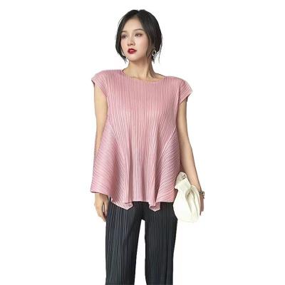 China New Design Breathable Fashionable And Comfortable Loose Miyake Solid Color Pleated Elegant Short Sleeve Women for sale