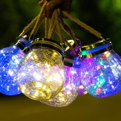 China Custom Hot Selling Crackle Glass Ball Hanging Patio Indoor Outdoor Waterproof Solar Lanterns Decorative Powered Lighting Pot Lamp for sale