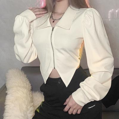 China Boutique Sustainable Clothing Women's Fall Tops Fashion Solid Zipper Turn-Down Long Sleeve Blouses Top for sale