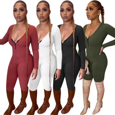 China Fashionable Viable Autumn Winter Women Bodycon Overalls Long Sleeve Low Cut Ribbed Skinny Overalls for sale