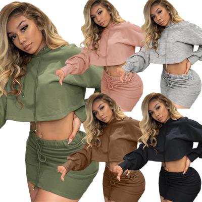 China QUICK DRY stripes complement and short women's solid hooded two piece set dress again crop top and skirt set for sale