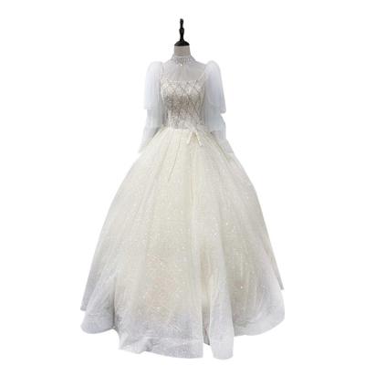 China High Quality Anti-static Elegant Tulle Neck High Beading Ball Gown Wedding Dress Luxurious Long Sleeve Wedding Dress for sale