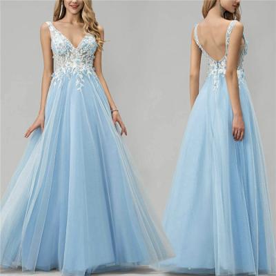 China Latest Designs Anti-Static Anti-Static Flower Embroidery Ice Blue Lace Ball Gown Wedding Dress for sale